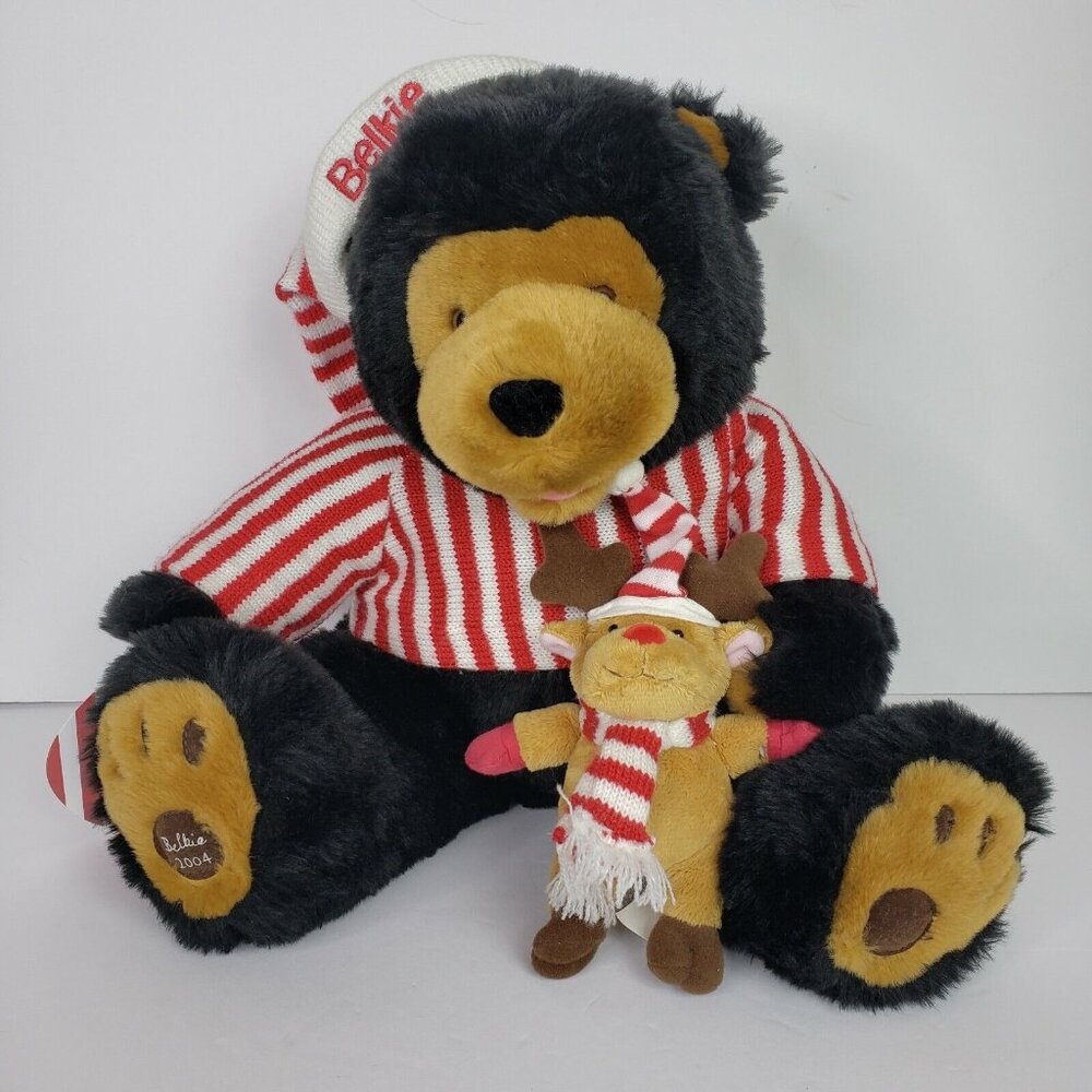Belk Belkie Teddy Bear Plush Stuffed Brown Christmas Winter Red White Stripe 04